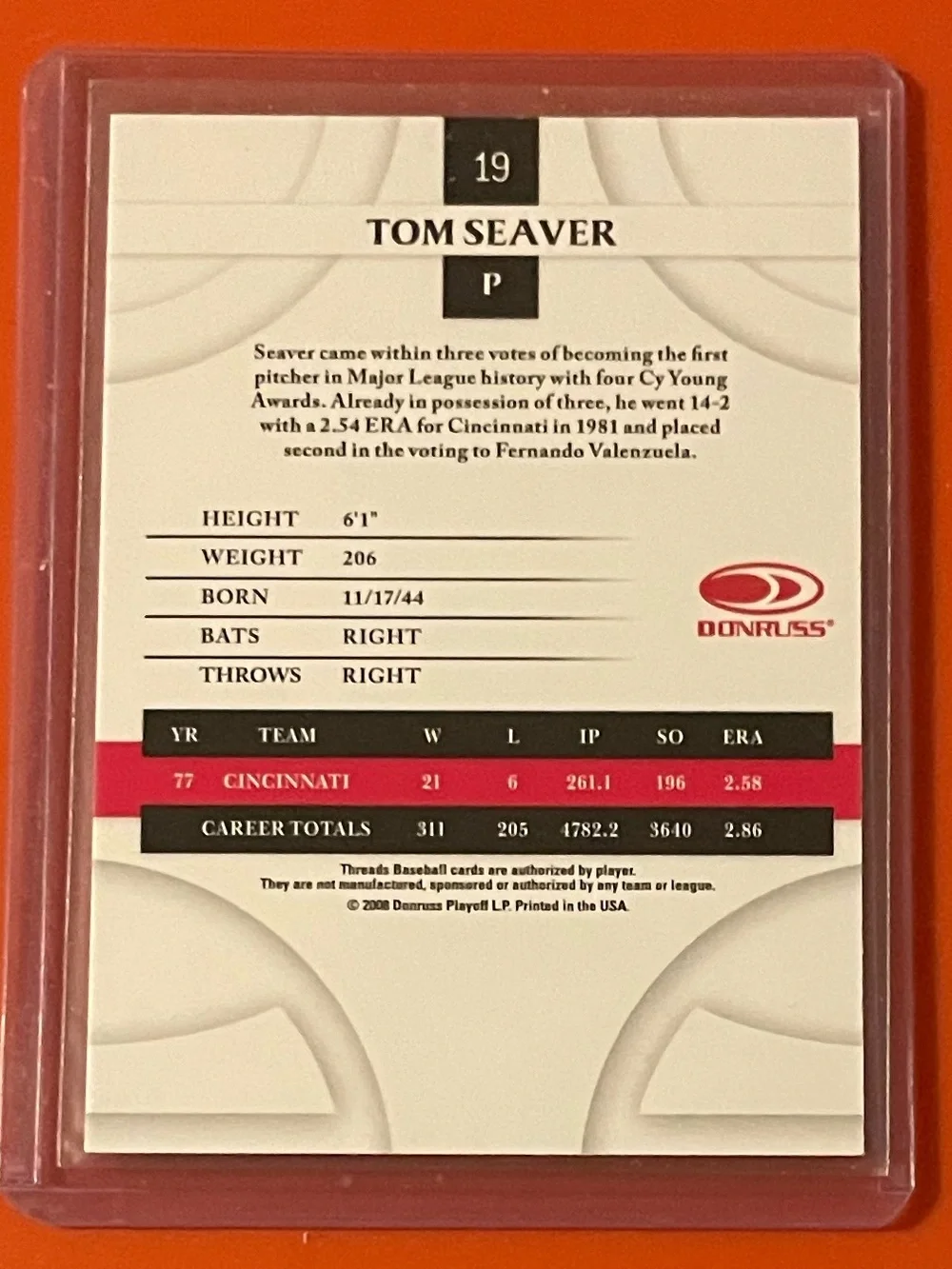 Tom Seaver #19 2008 Donruss Threads Baseball Trading Card